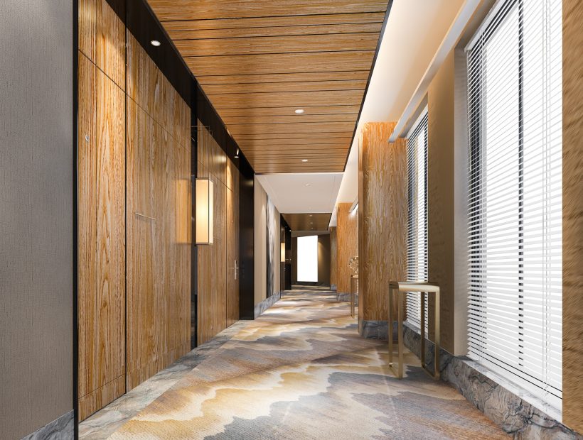3d rendering modern luxury wood and tile hotel corridor 3d rendering modern luxury wood and tile hotel corridor